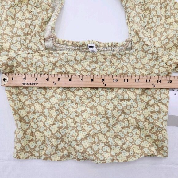 BP. Womens Size Small Linen Blend Puff Sleeve Smocked Back Crop Top - Picture 5 of 6